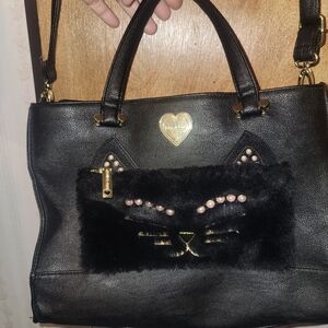 Betsey Johnson Kitch Cat Kitty Tote Shoulder Hand Bag Black & Peace Heart Wallet